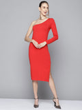 SASSAFRAS Women Red Solid One Shoulder Sheath Midi Dress