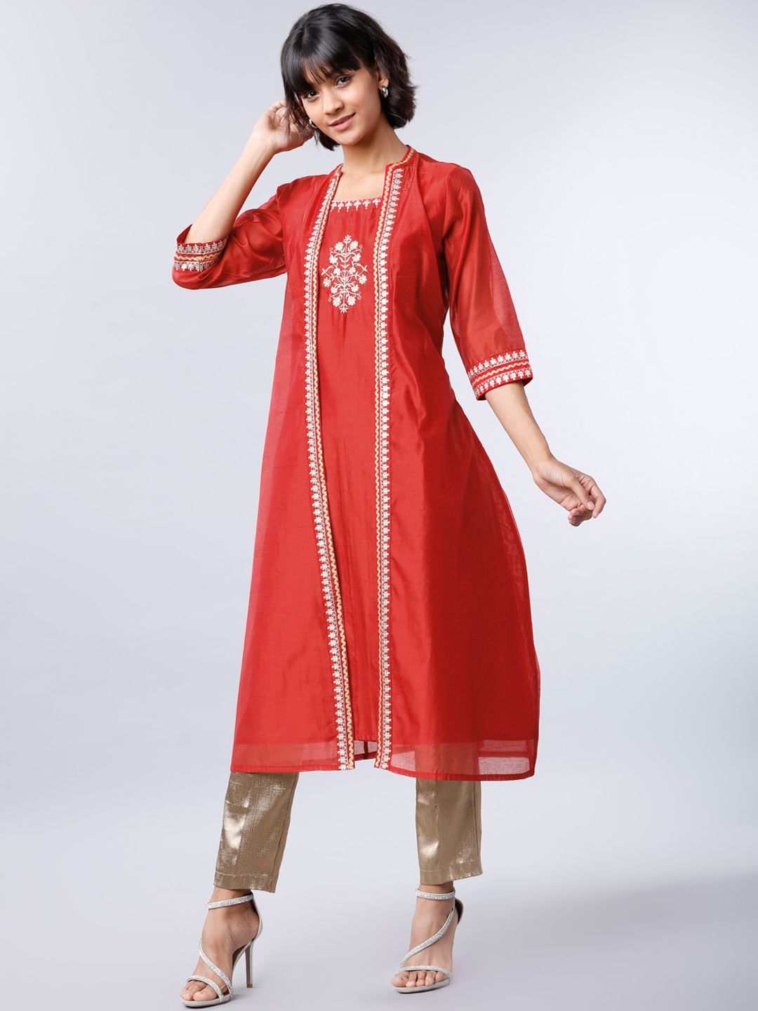 Vishudh Women Red Embroidered A-Line Kurta
