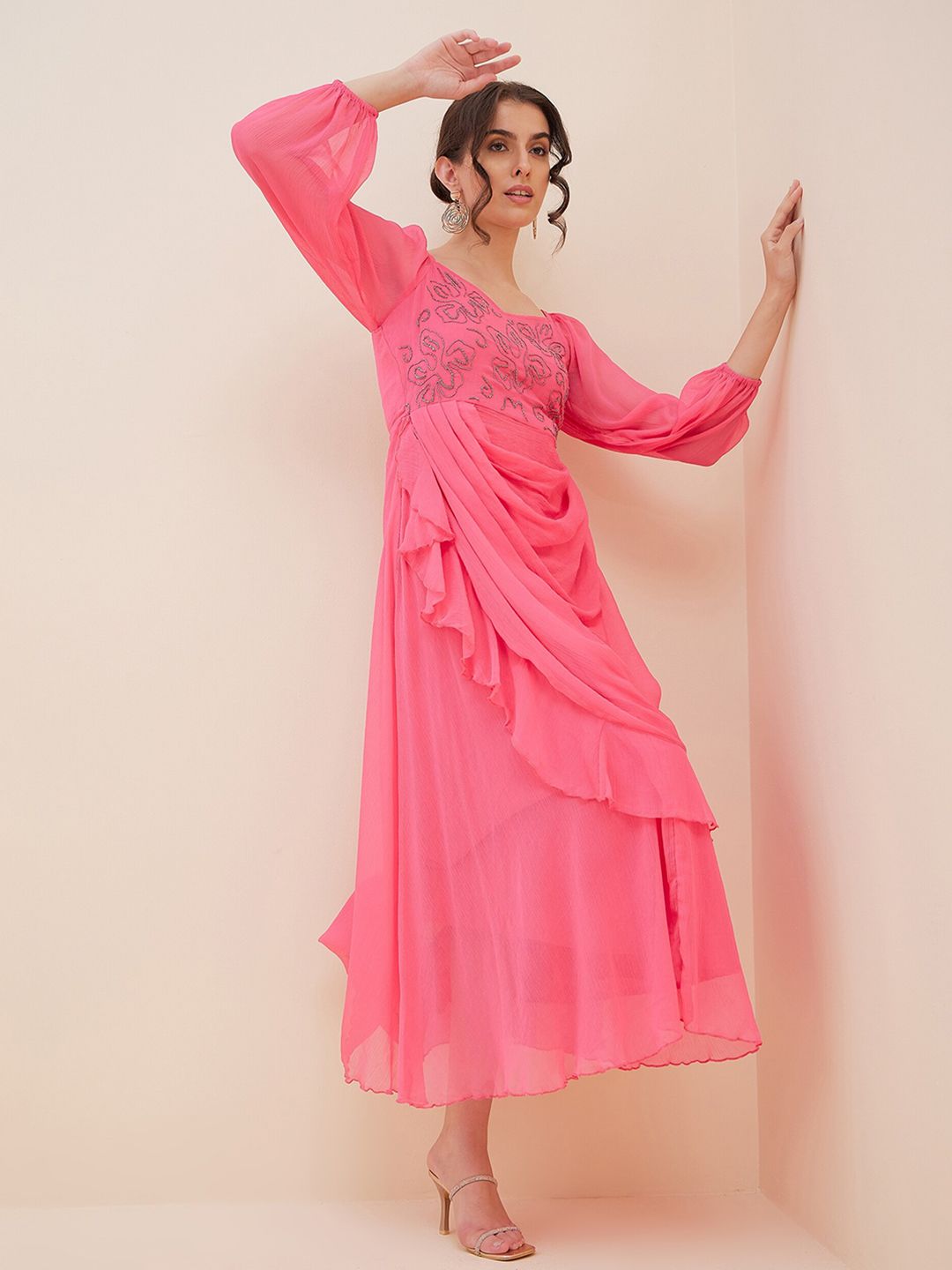 Antheaa Embellished Layered Chiffon Fit and Flare Maxi Dress