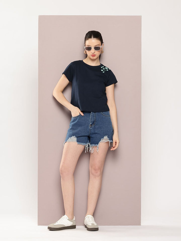 DILLINGER Women Regular Cropped Fit Embroidery Crew Neck Tshirt