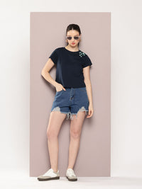 DILLINGER Women Regular Cropped Fit Embroidery Crew Neck Tshirt