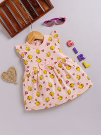 Happy Faces Girls Cotton Printed Flutter Sleeve Fit & Flare Dress