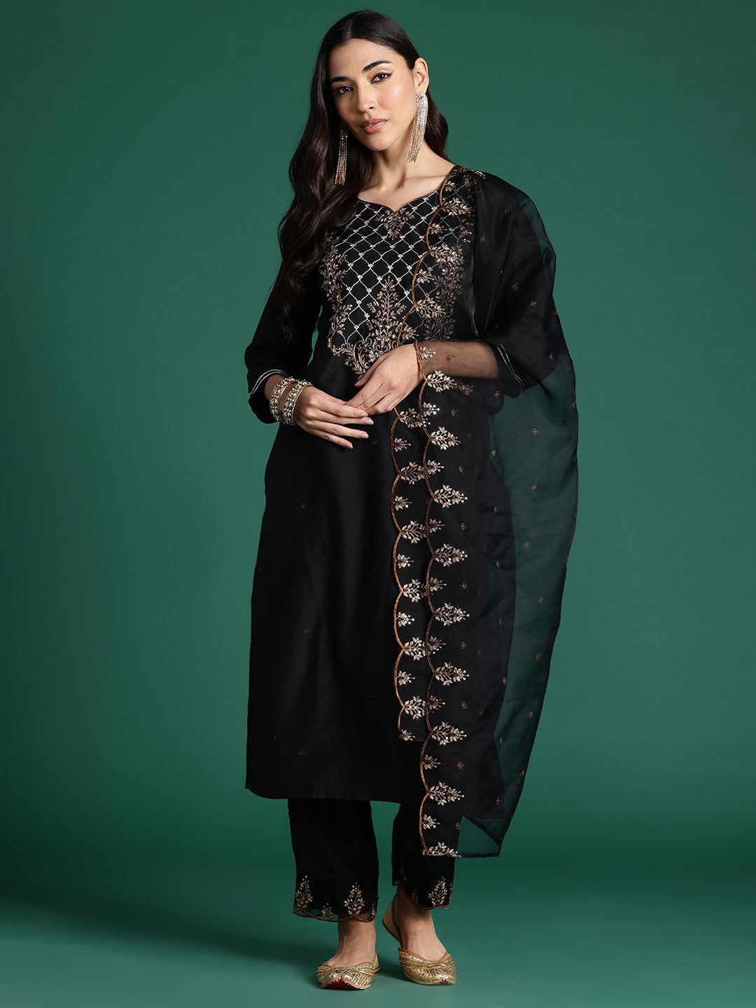 Indo Era Ethnic Motifs Embroidered Zari Liva Kurta with Trousers & With Dupatta
