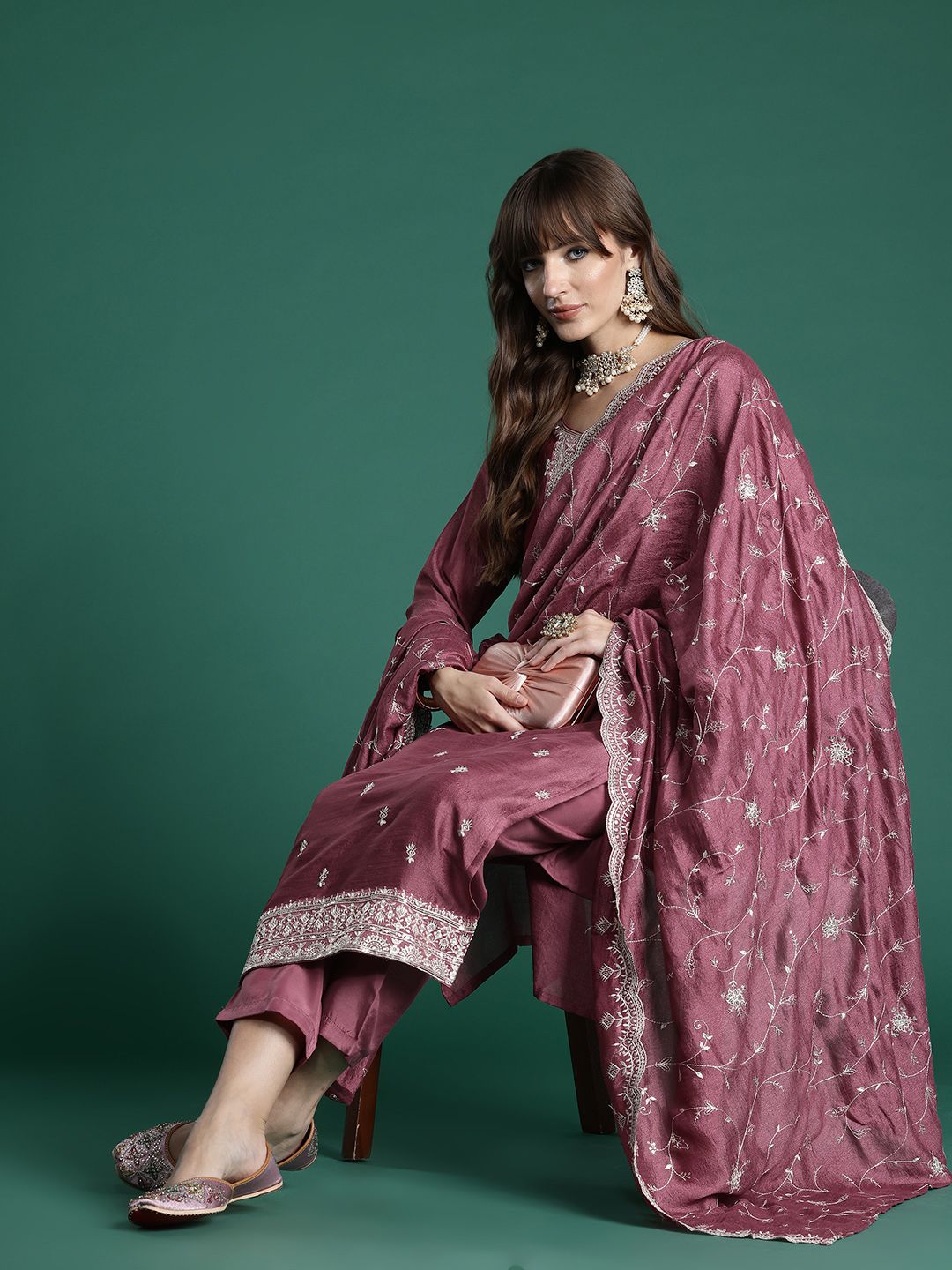 Indo Era Floral Embroidered Thread Work Kurta with Trousers & With Dupatta