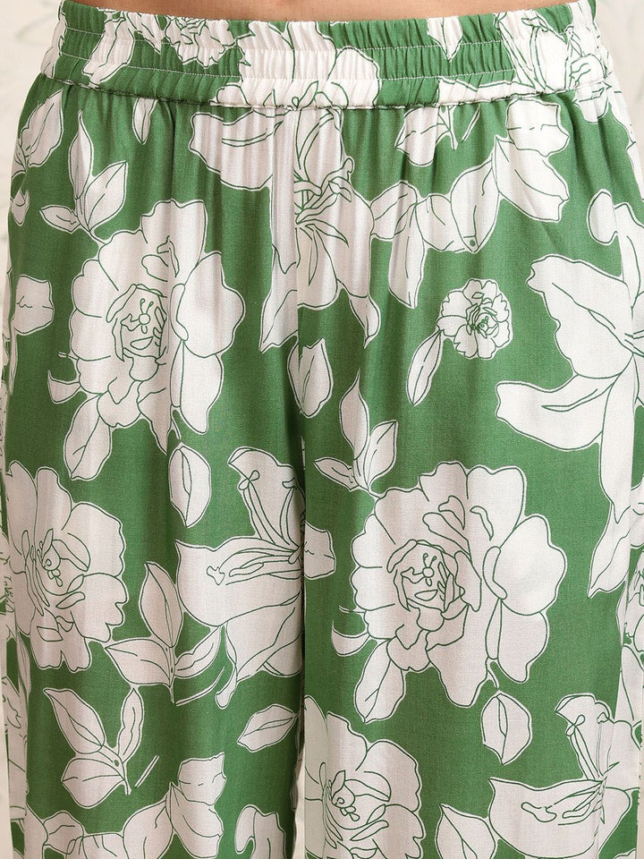 Vishudh Green Floral Printed Pure Cotton Longline Shirt With Palazzos