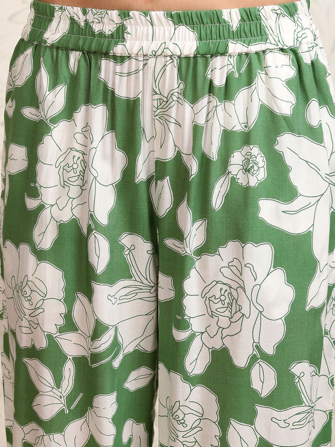 Vishudh Green Floral Printed Pure Cotton Longline Shirt With Palazzos