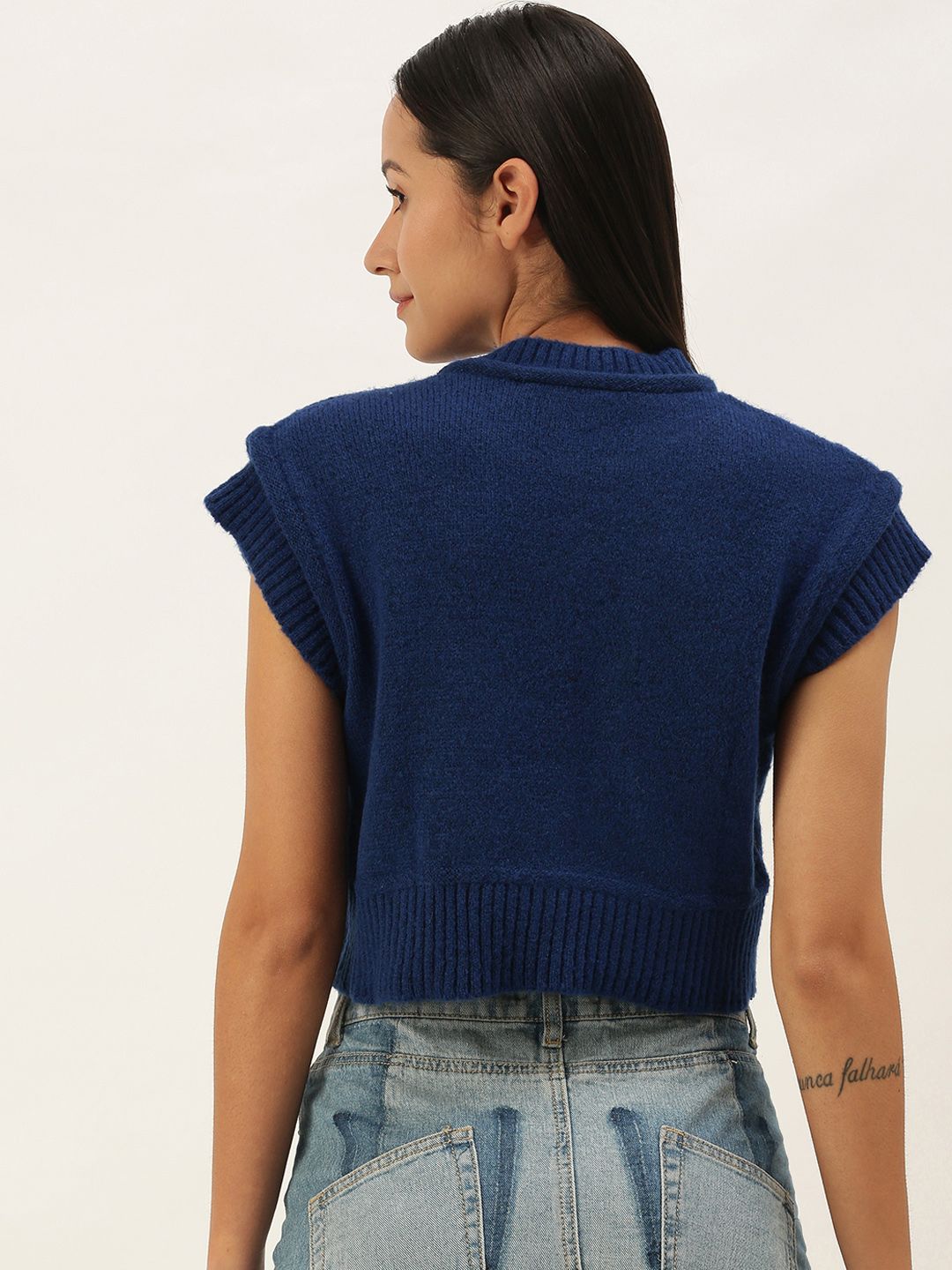 STREET 9 Women Navy Blue Acrylic Cable Knit Crop Sweater Vest