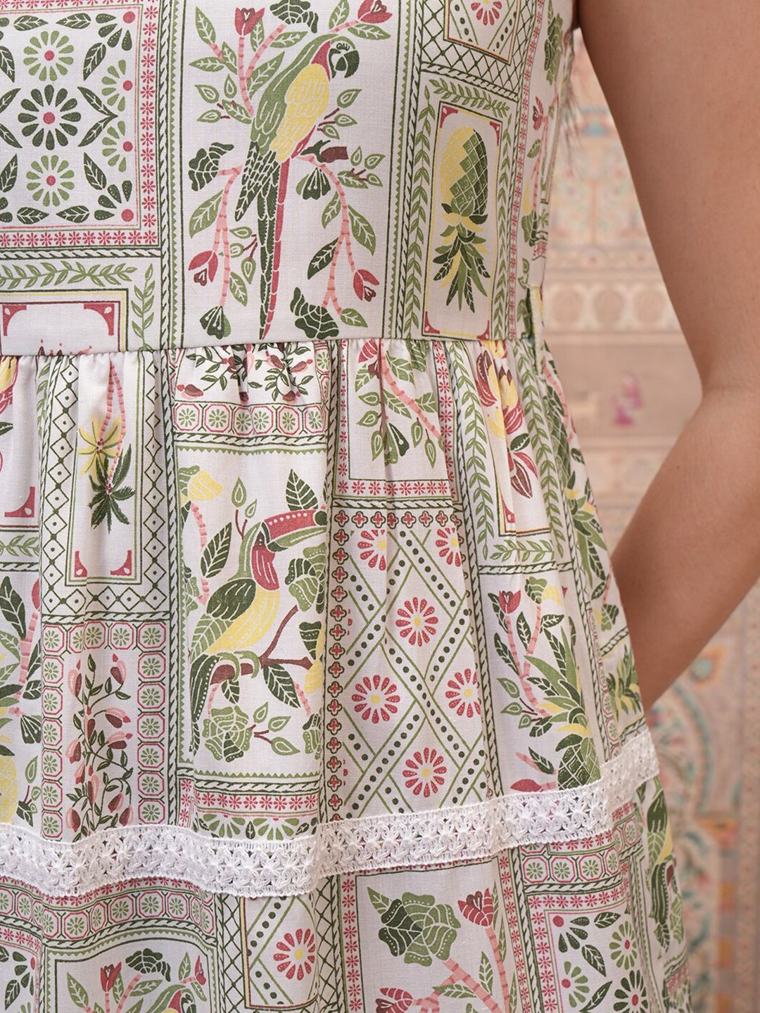 Vishudh Women Halter Neck Ethnic Motifs Print Layered Empire Midi Dress