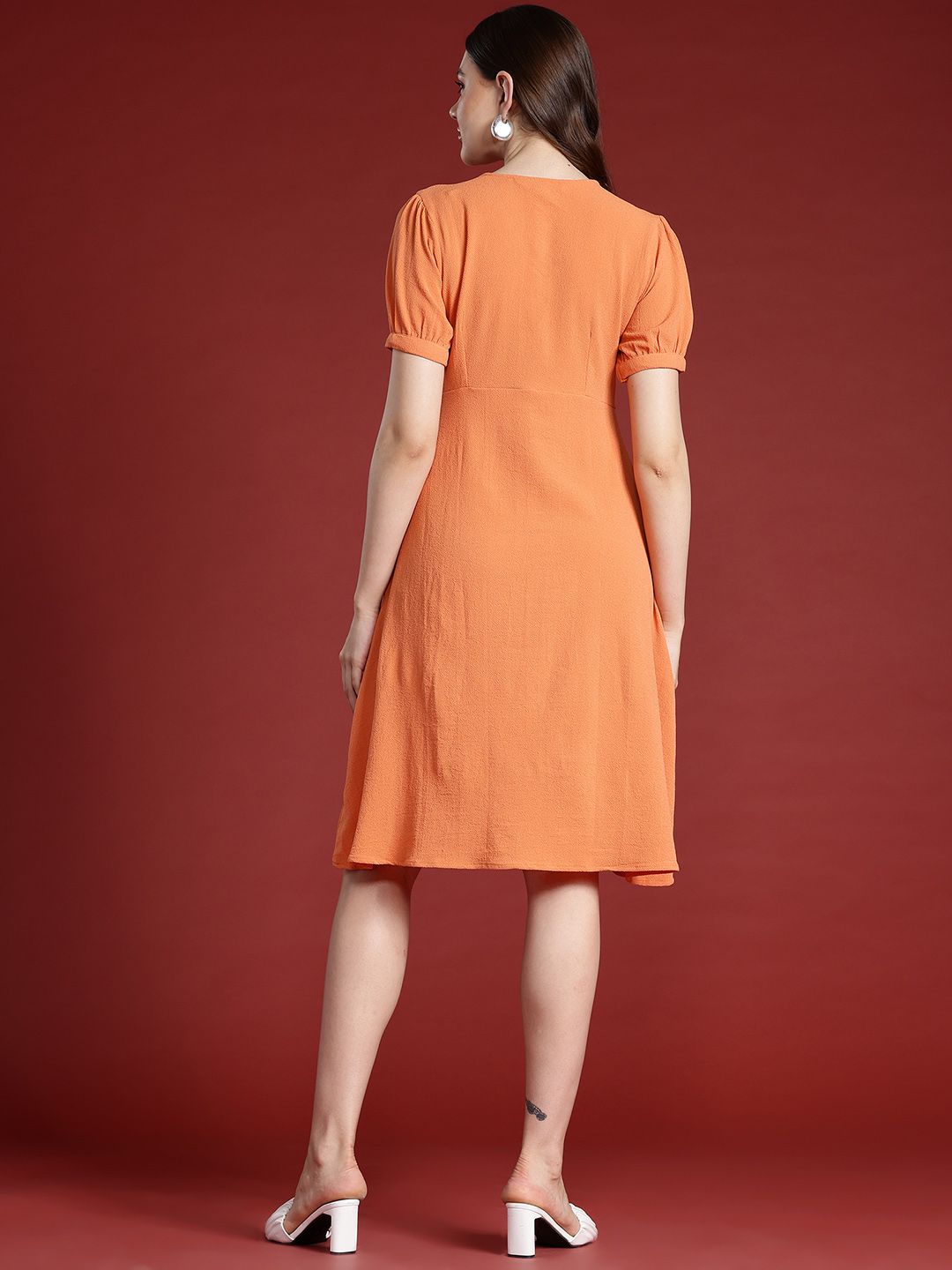 all about you Textured Puff Sleeve Midi A-Line Dress