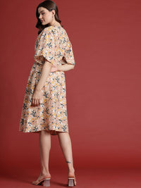 all about you Pure Cotton Floral Print Flared Sleeves Wrap Dress