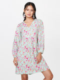 Global Desi Floral Printed Puff Sleeves A-Line Dress