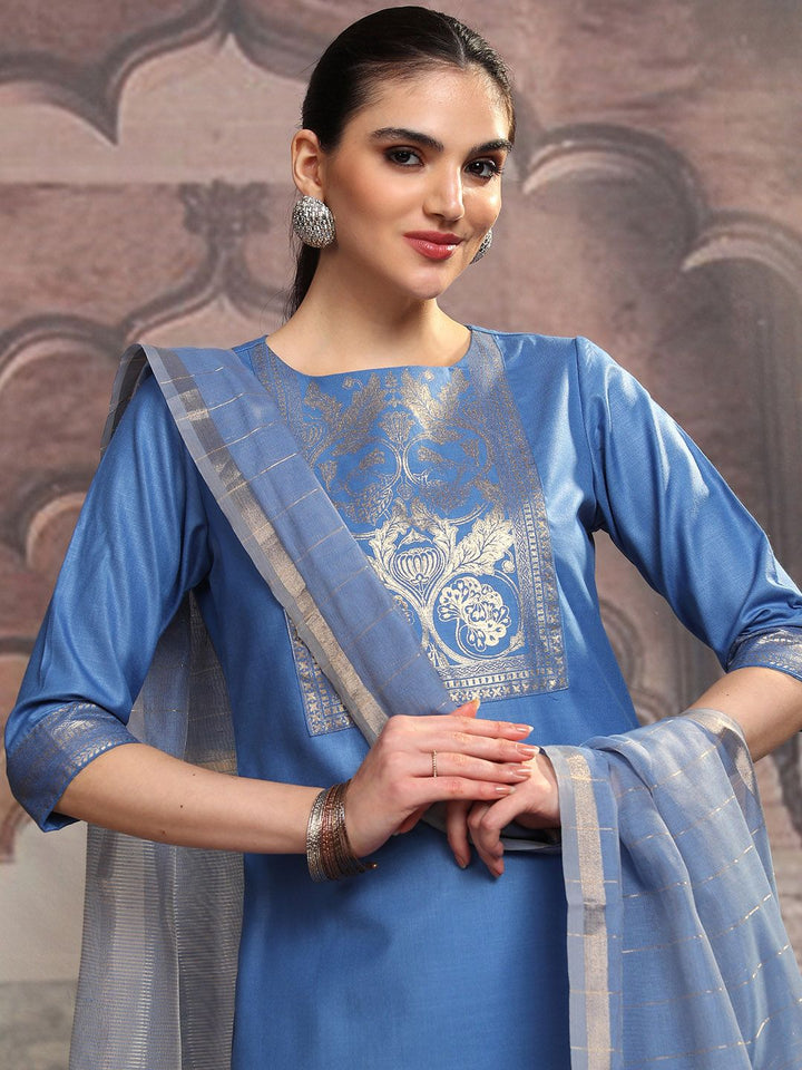 Vishudh Blue Ethnic Motifs Yoke Design Straight Kurta With Trousers & Dupatta