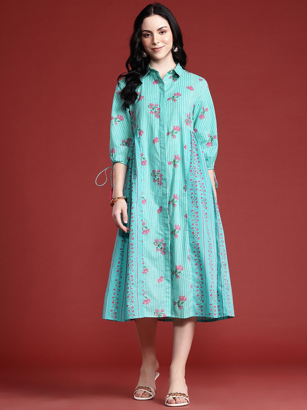 Anouk Floral Print Pleated Tasseled Shirt Collar Pure Cotton Ethnic Dress