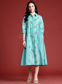 Anouk Floral Print Pleated Tasseled Shirt Collar Pure Cotton Ethnic Dress