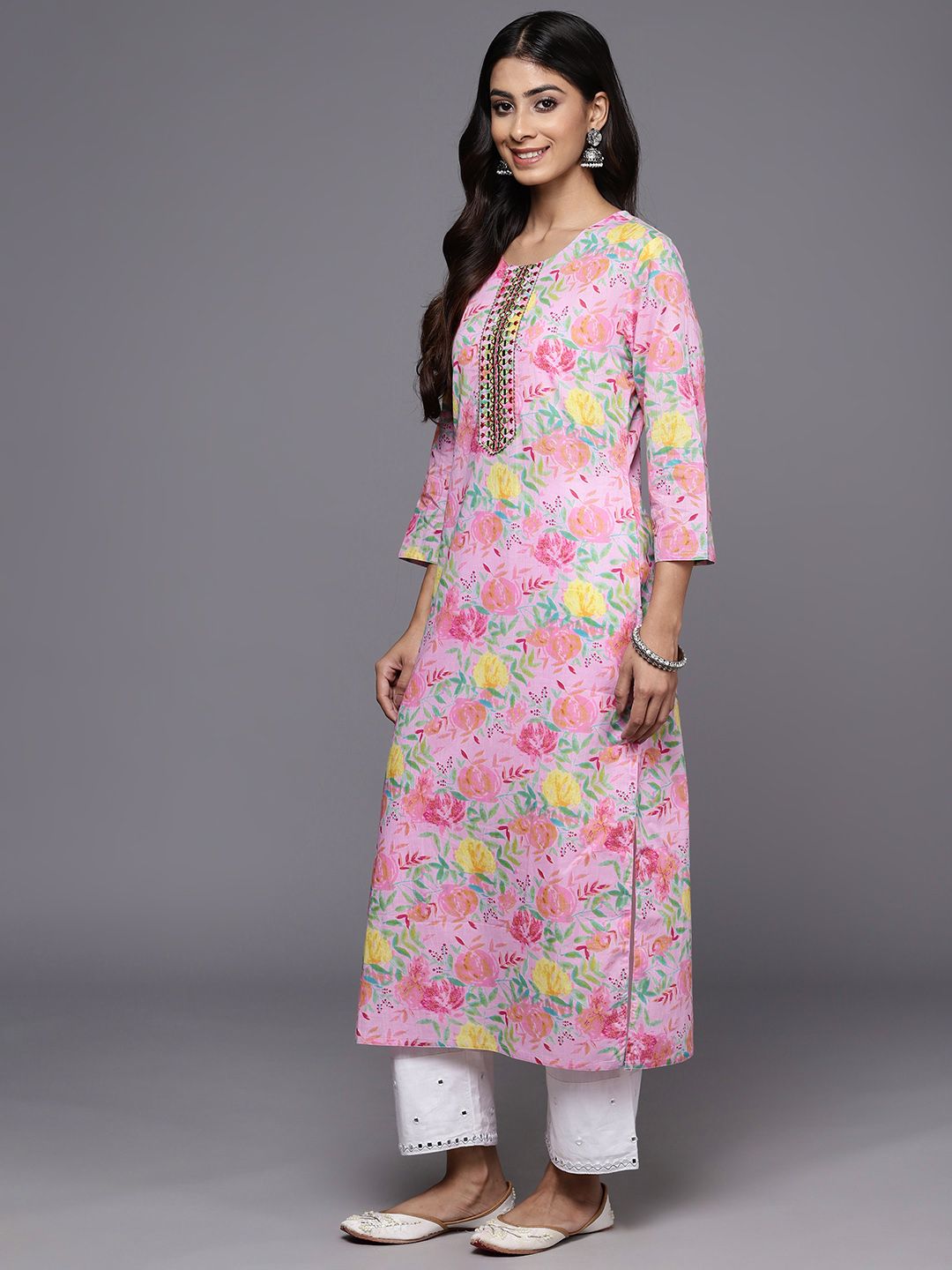 Varanga Floral Printed Mirror Work Pure Cotton Kurta