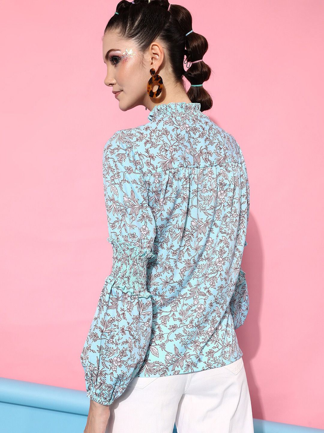 STREET 9 Women Blue Floral Print Tie-Up Neck Shirt Style Top