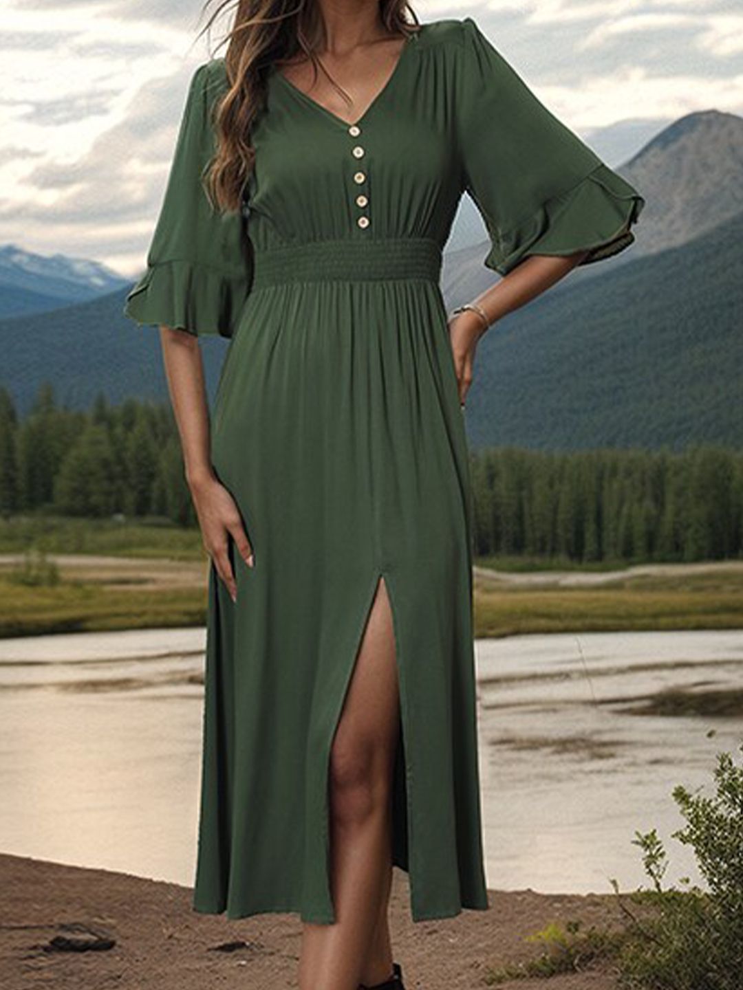 all about you Green V-Neck A-Line Dress