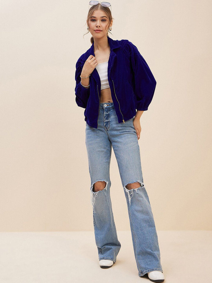 Antheaa Blue Lapel Collar Long Sleeves Velvet Bomber Jacket