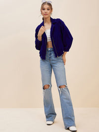Antheaa Blue Lapel Collar Long Sleeves Velvet Bomber Jacket