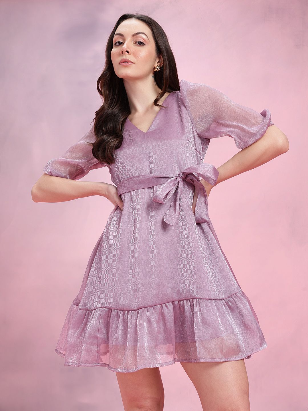 DressBerry Puff Sleeve Belted A-Line Dress