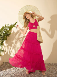 Berrylush Pink Self Design Shoulder Straps Sleeveless Smocked Fitted Crop Top