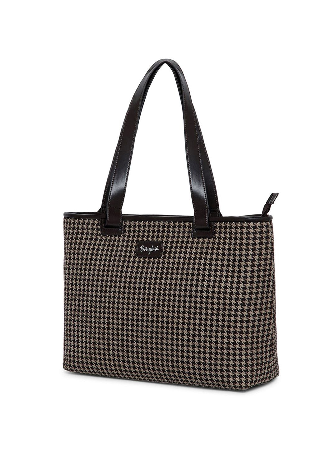 Berrylush Brown Checked Structured Tote bag