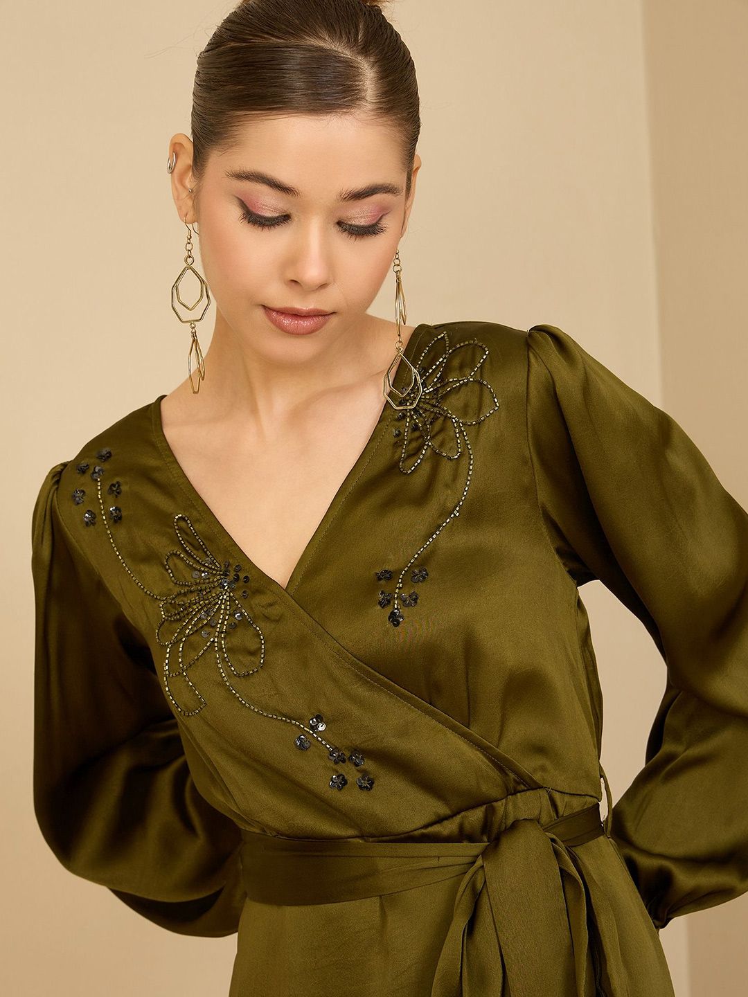 Antheaa Puff Sleeve Satin Embellished Wrap Midi Dress