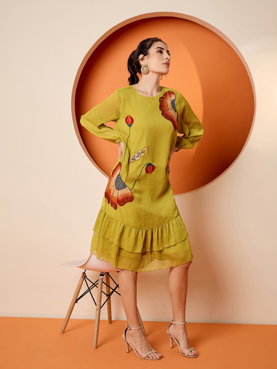 Antheaa Chiffon Embroidered A-Line Knee Length Dress