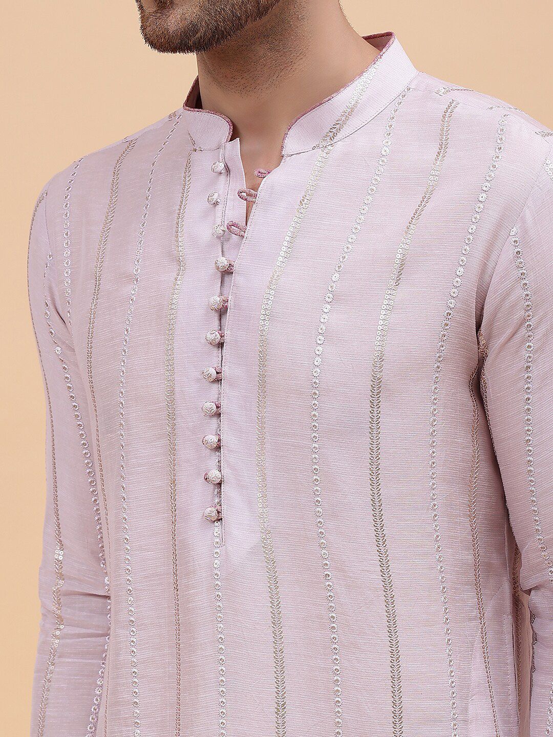 See Designs Woven Design Mandarin Collar Kurta with Pyjamas