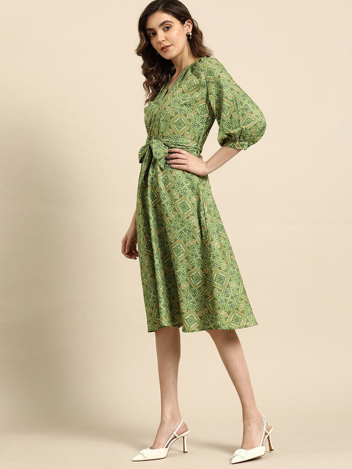 all about you Printed A-Line Ethnic Dress with Belt