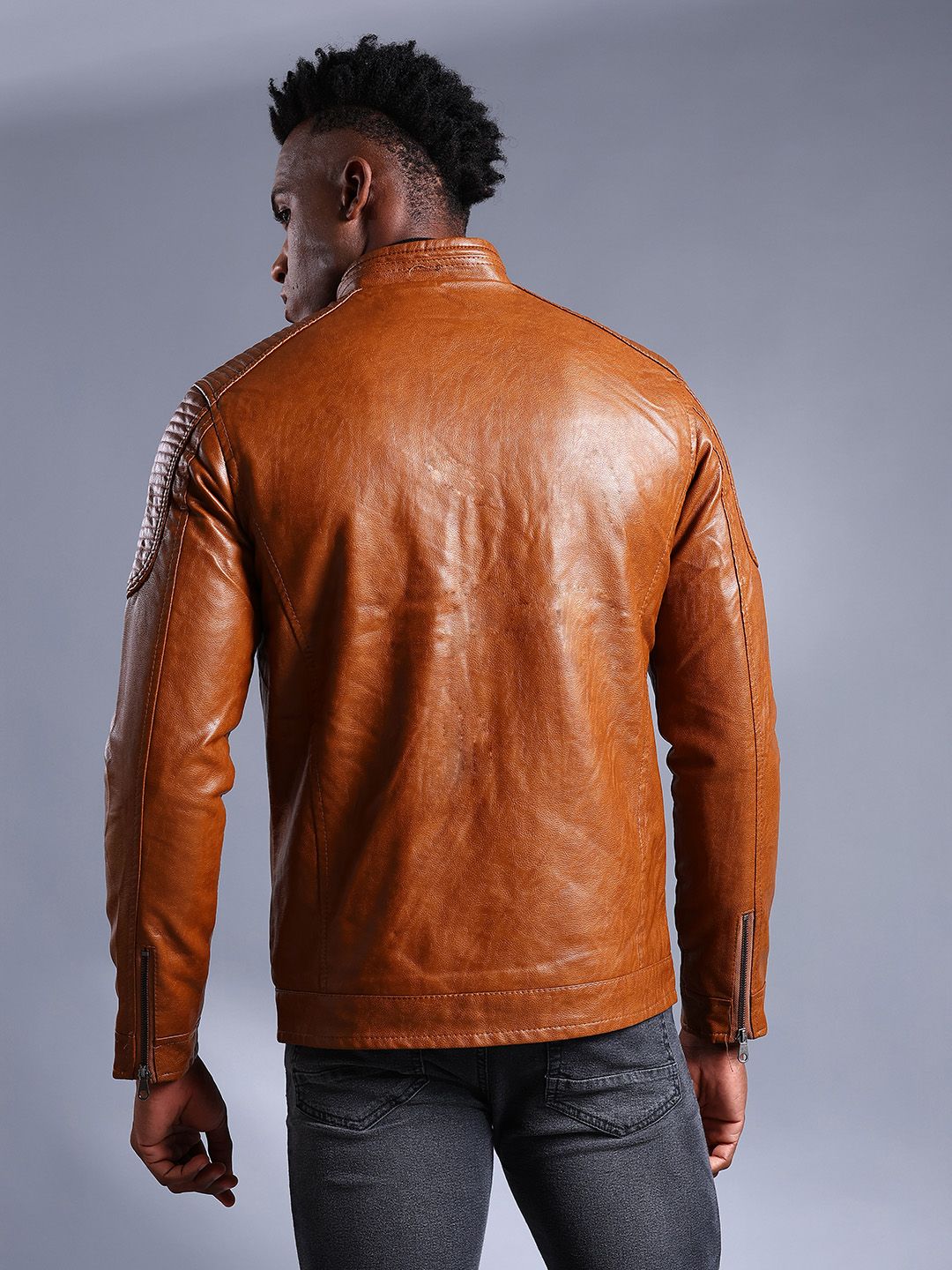 The Indian Garage Co Men Brown Solid Faux Biker Jacket