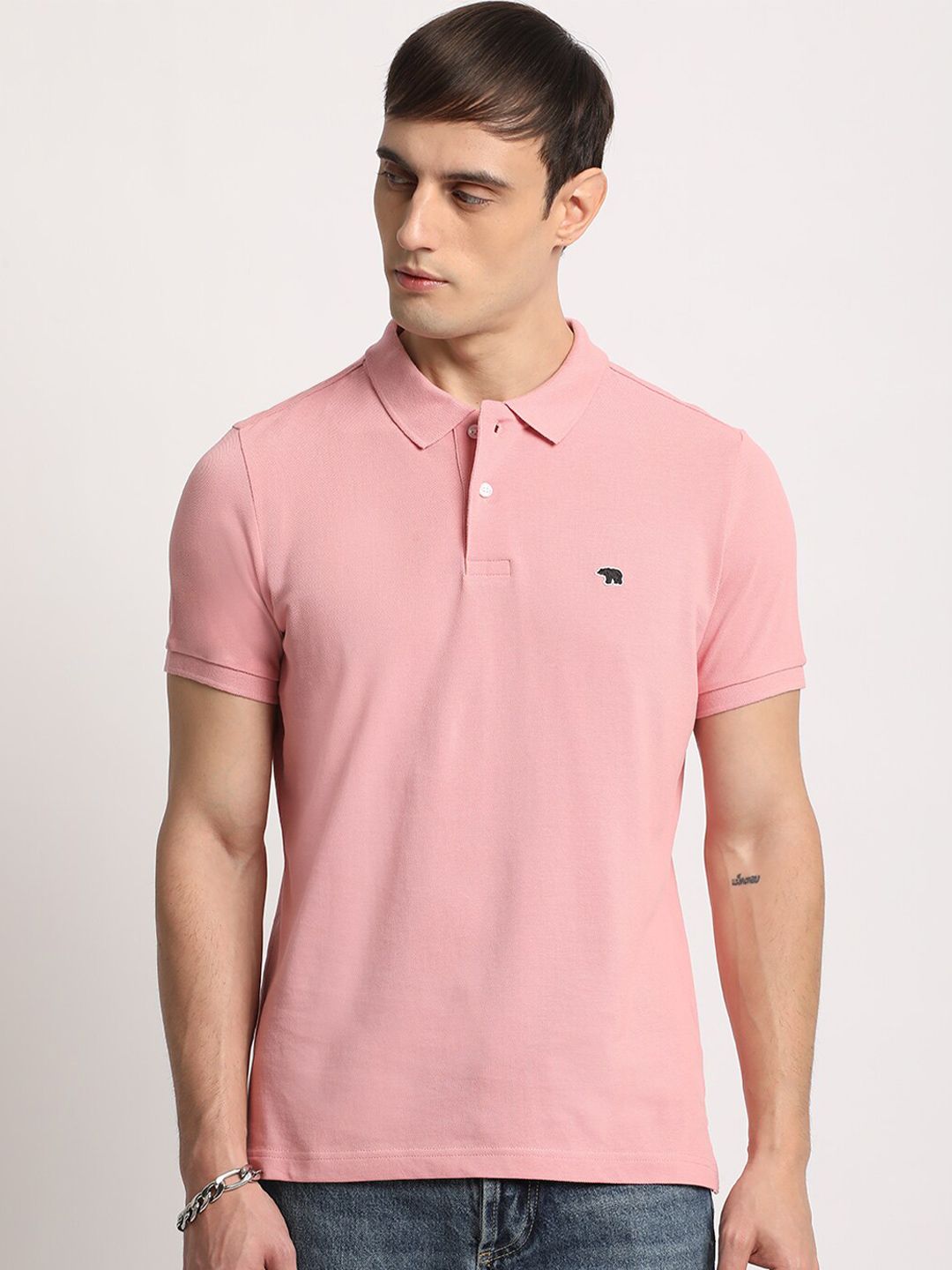 THE BEAR HOUSE Men Solid Slim Fit Cotton Polo Collar T-Shirt