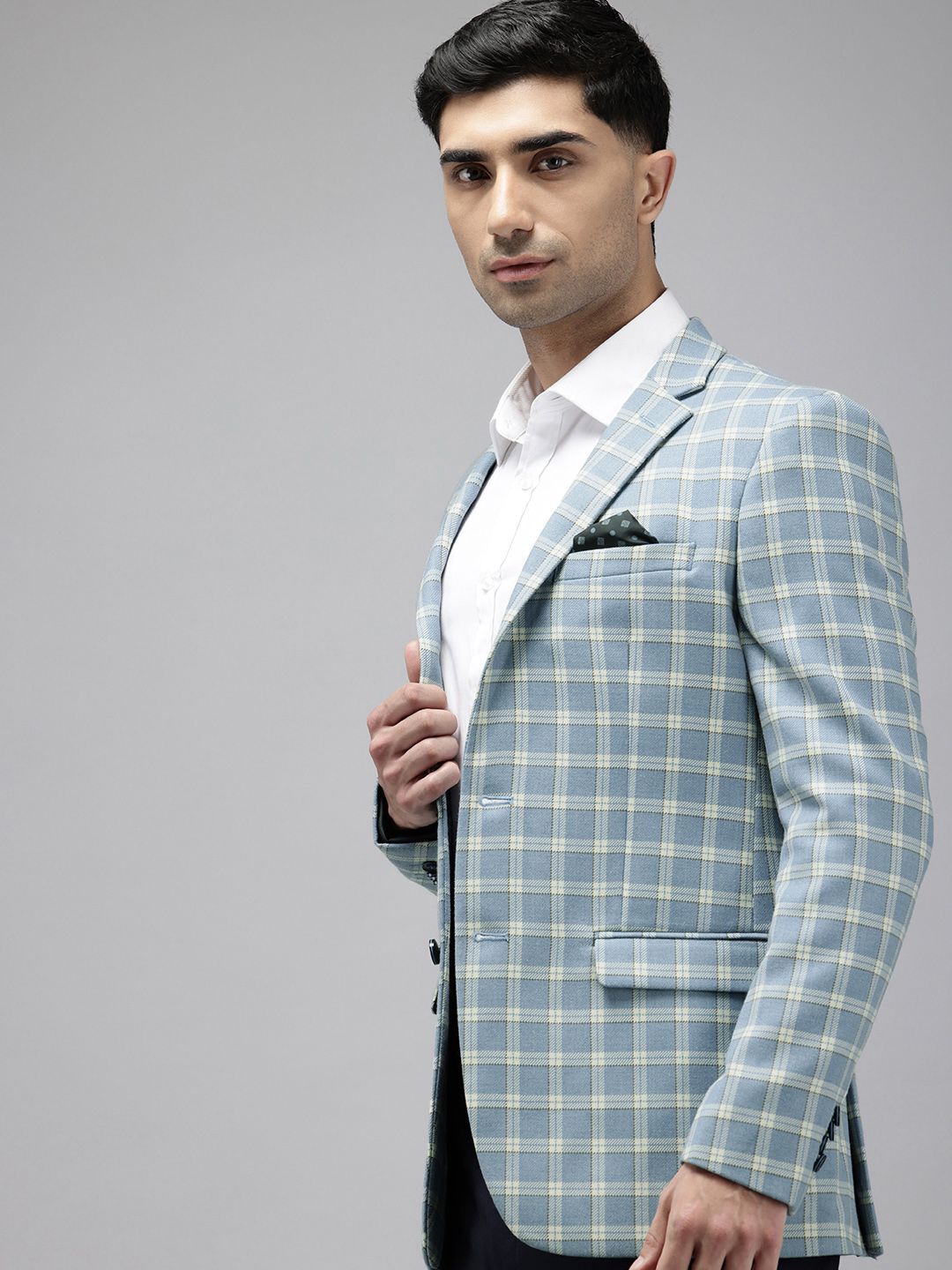 Park Avenue Notched Lapel Single Breasted Checked Slim Fit Formal Blazer