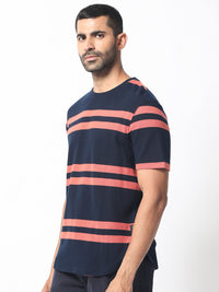 RARE RABBIT Men Cachos Striped Pure Cotton Slim Fit T-Shirt