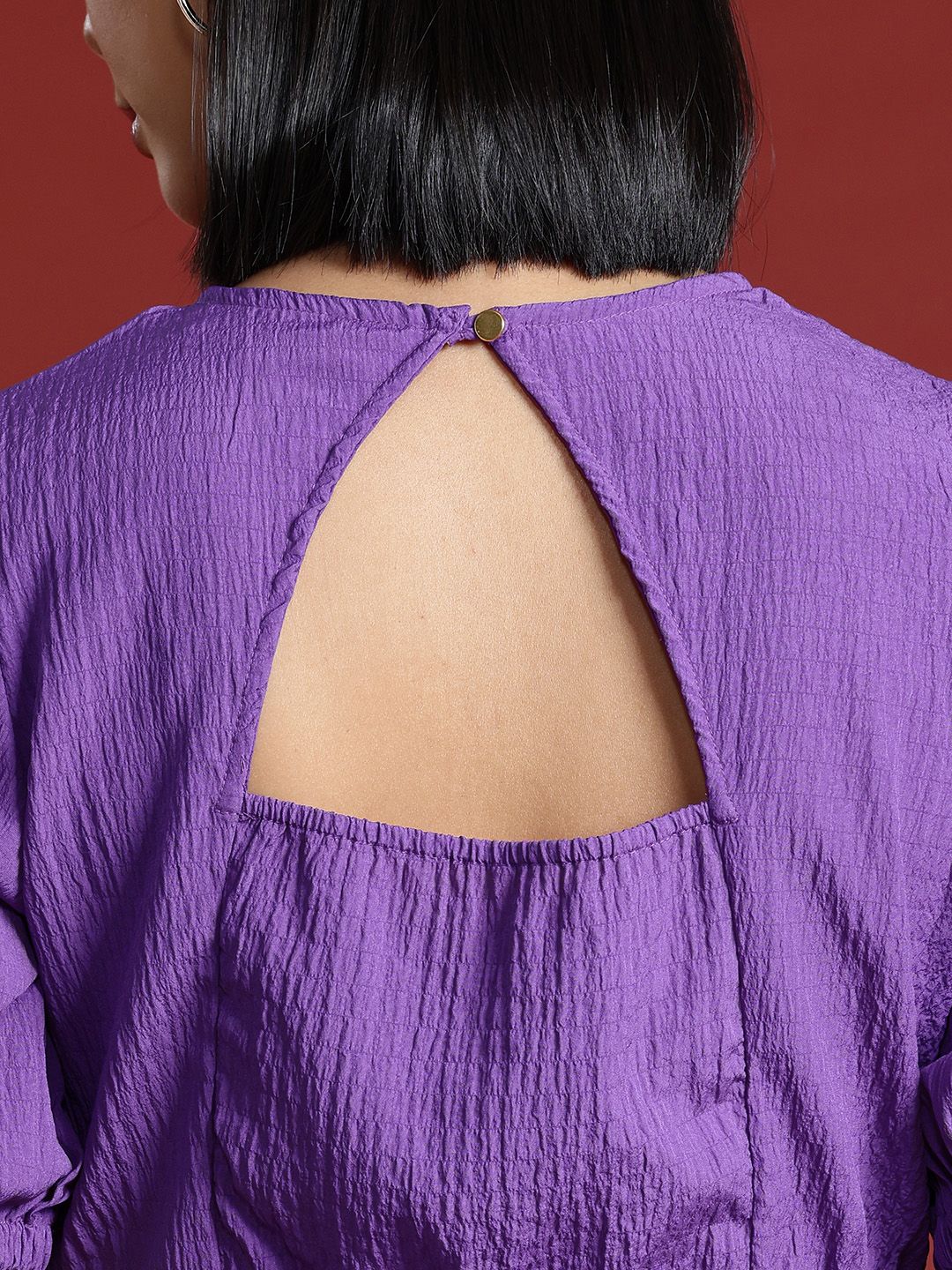 all about you Crinkled Cut-Out Back Puff Sleeve A-Line Dress