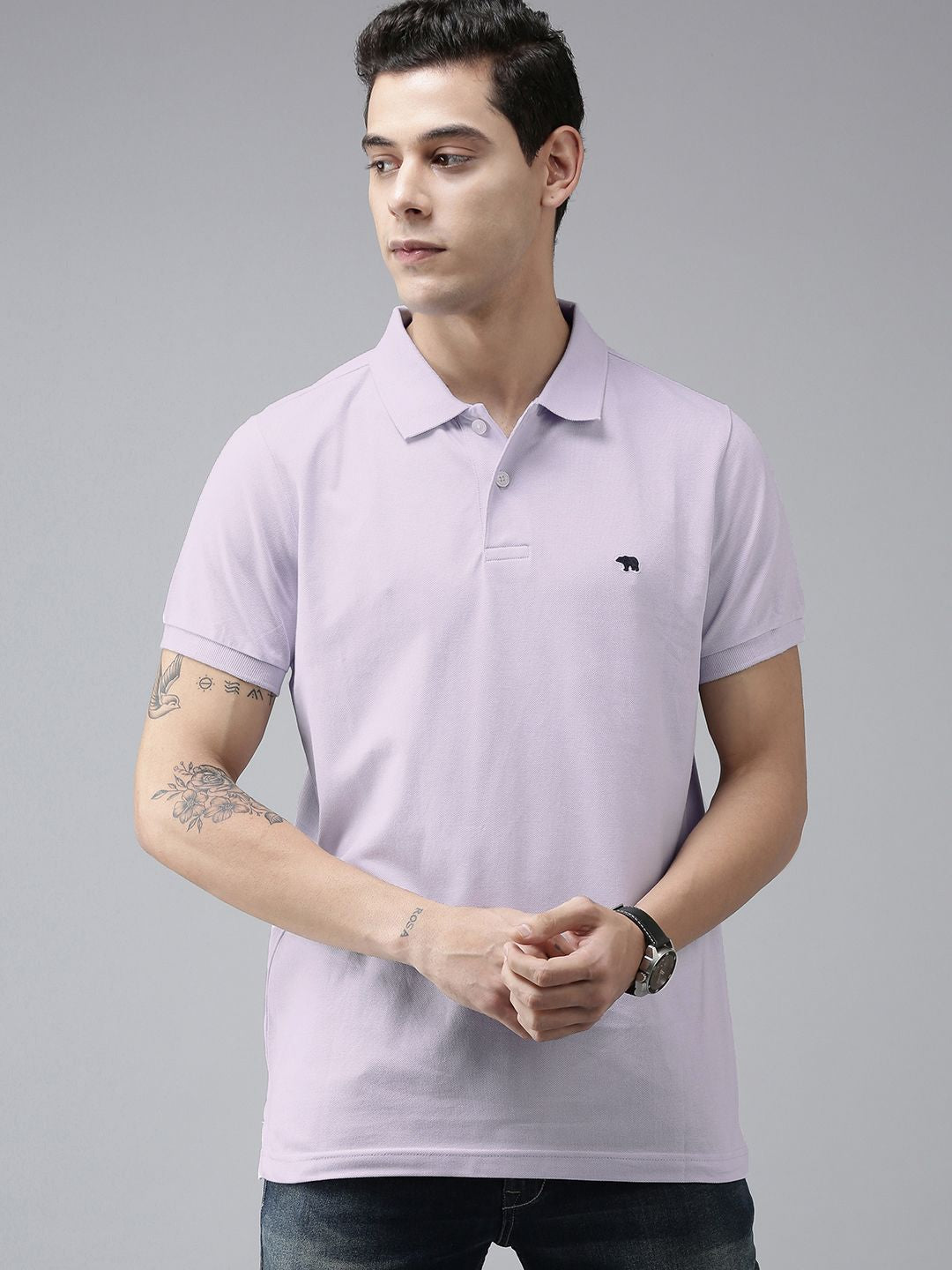 THE BEAR HOUSE Men Violet Polo Collar Slim Fit T-shirt