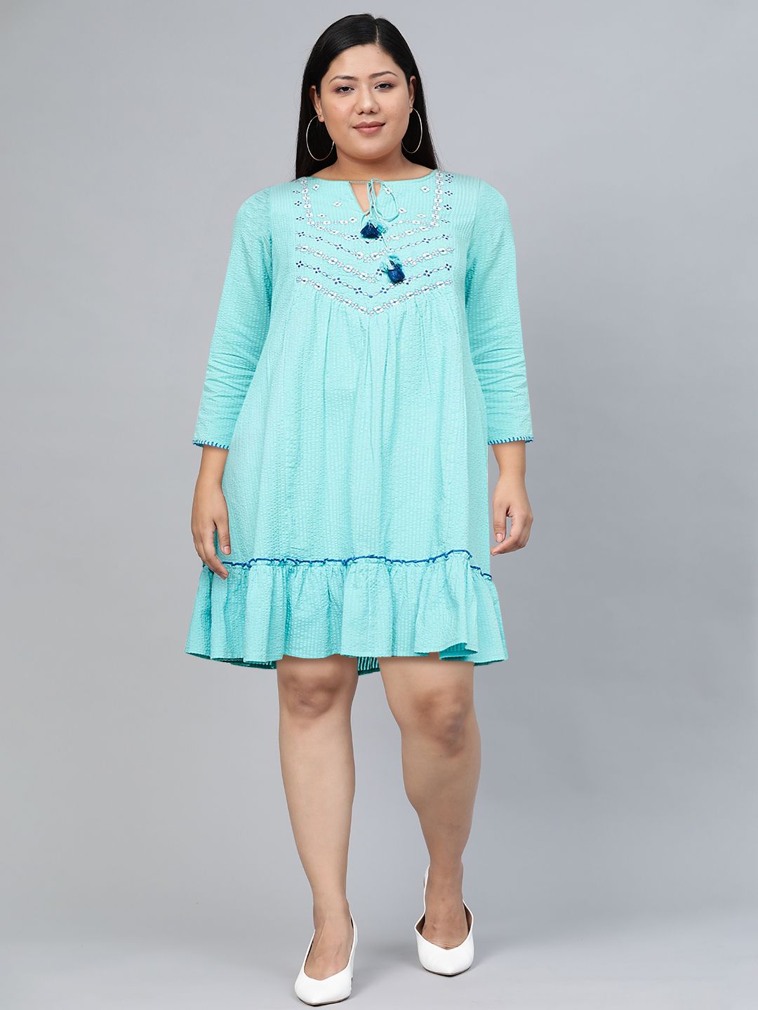 Global Desi Blue Tie-Up Neck Drop-Waist Pure Cotton Dress