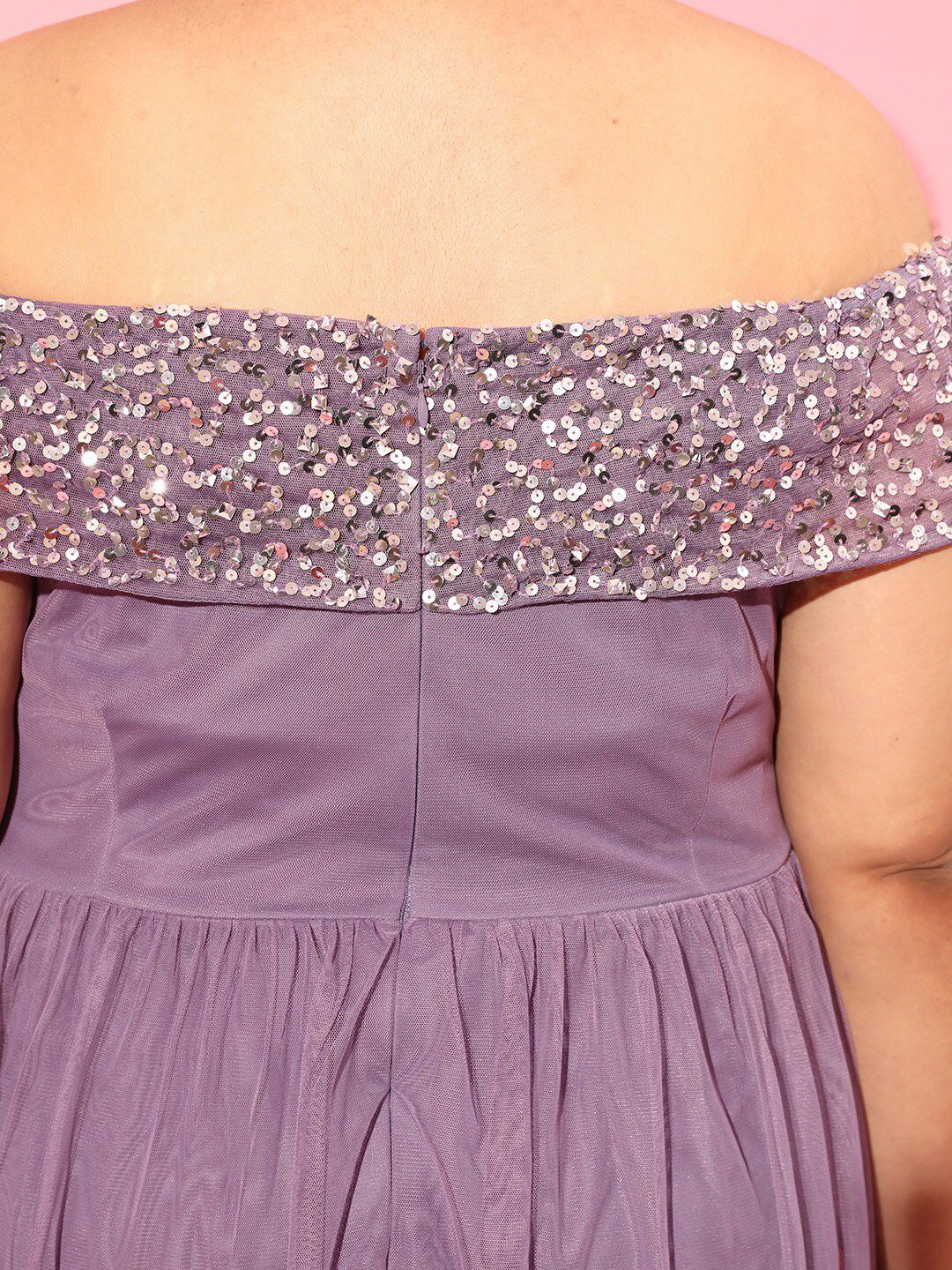 CURVY STREET Lavender Plus Size Off-Shoulder Net Dress