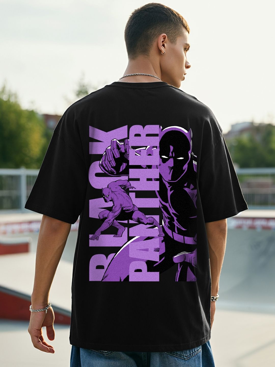 Bewakoof Black Panther Printed Drop-Shoulder Sleeves Oversized Cotton T-shirt