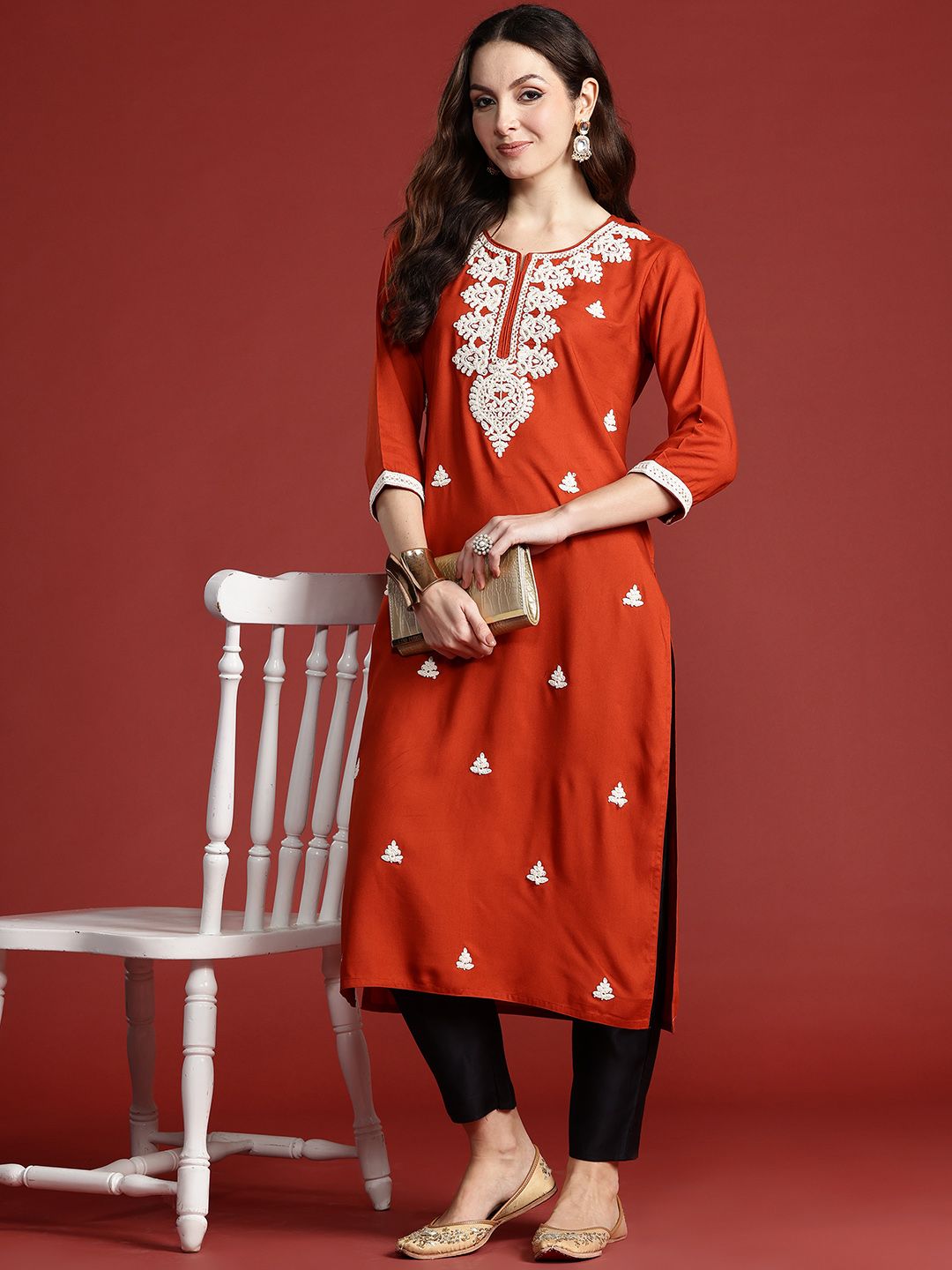 Indo Era Women Floral Embroidered Thread Work Kurta