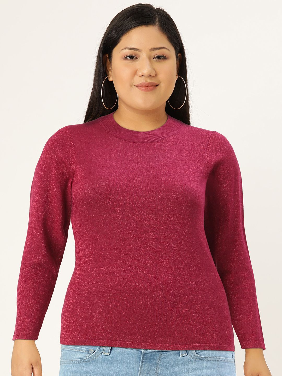 AND Burgundy Solid Round Neck Top