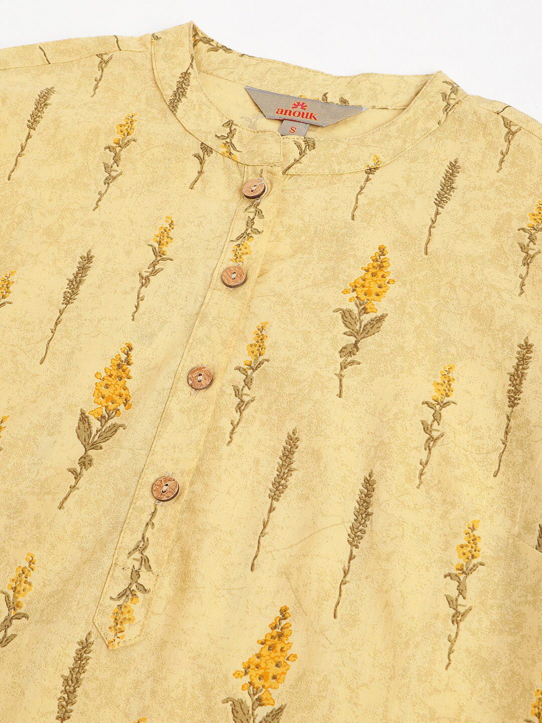 Anouk Mustard Yellow Botanical Printed Mandarin Collar Pure Cotton Short Kurti
