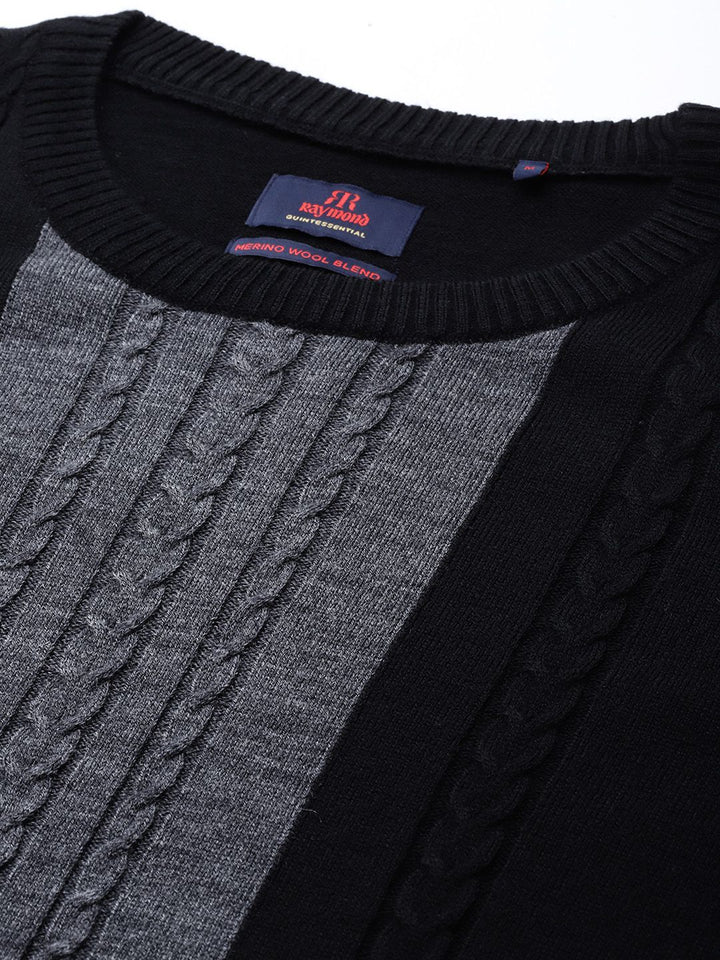 Raymond Men Black & Grey Colourblocked Pullover with Cable Knit Detail