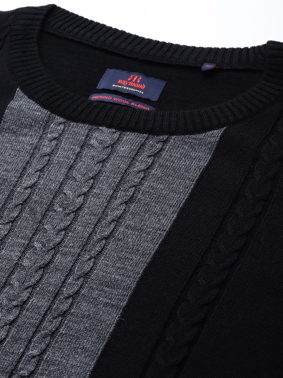 Raymond Men Black & Grey Colourblocked Pullover with Cable Knit Detail