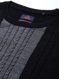 Raymond Men Black & Grey Colourblocked Pullover with Cable Knit Detail