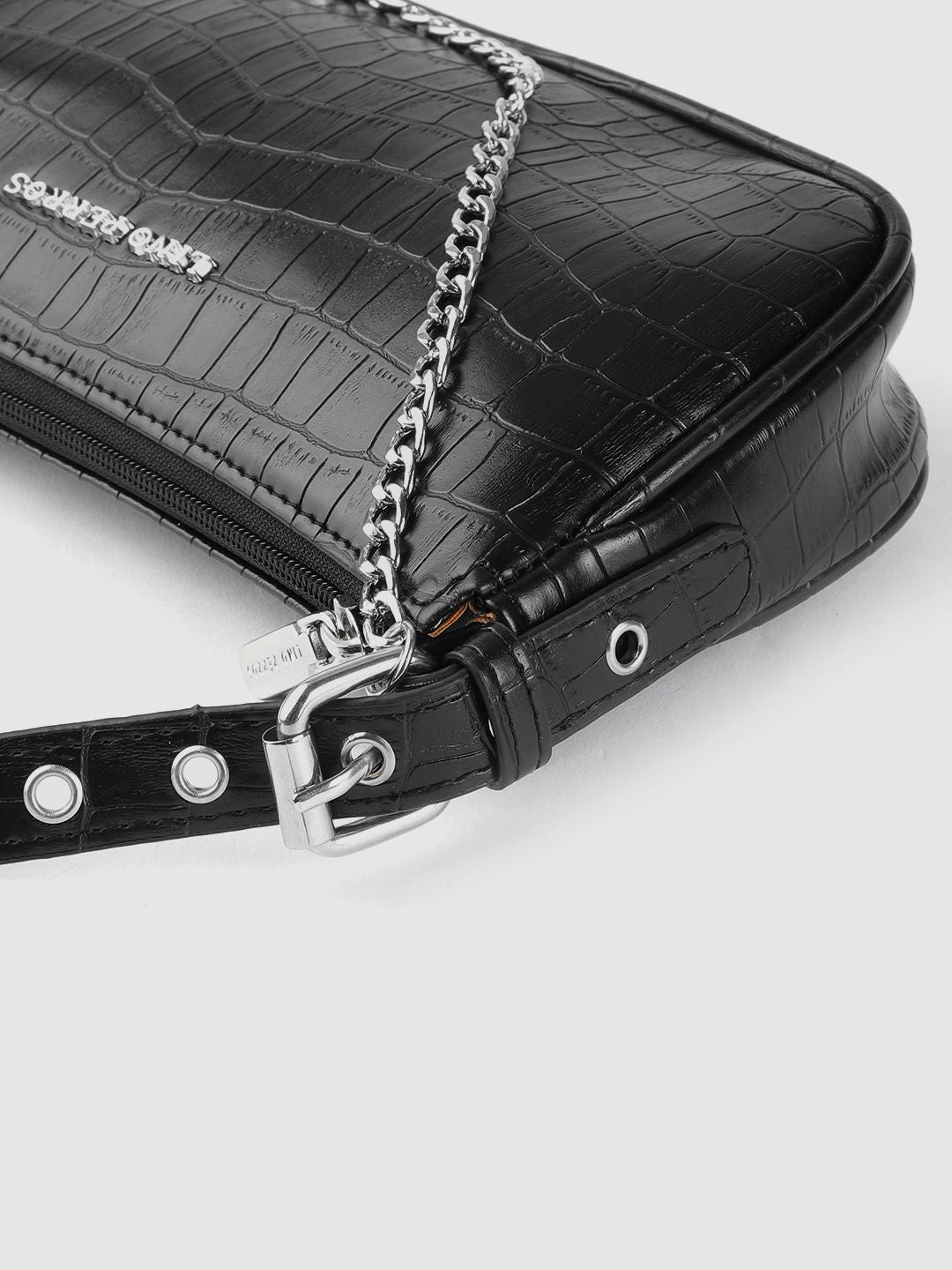 Lino Perros Black Croc Textured Baguette Bag