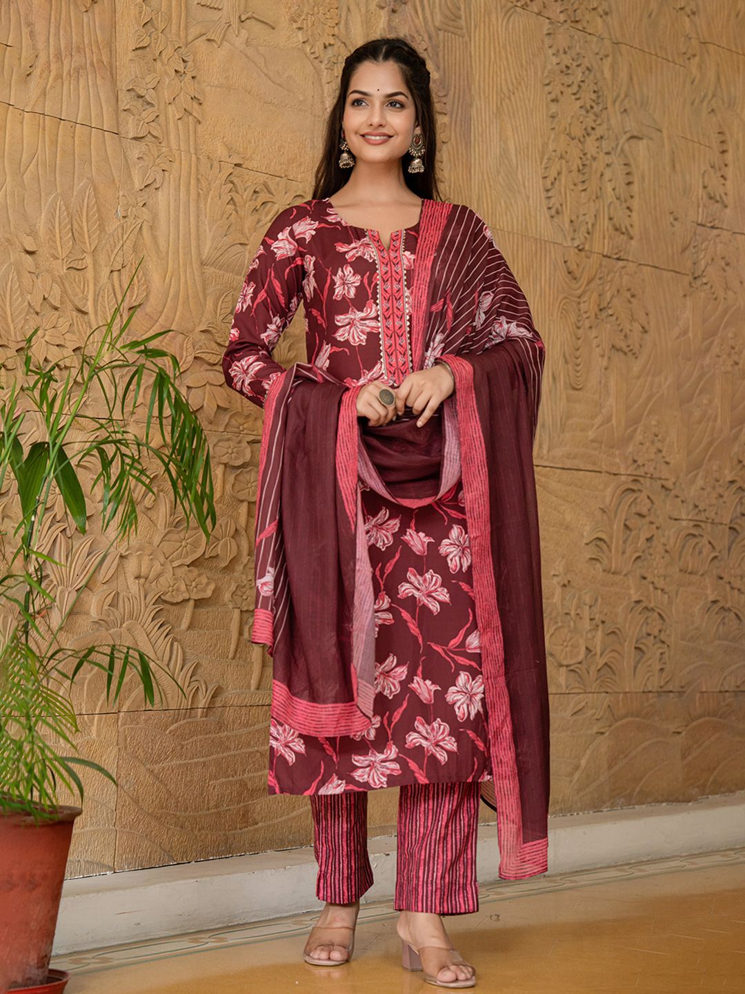 KALINI Floral Printed Notch Neck Straight Kurta With Trousers & Dupatta