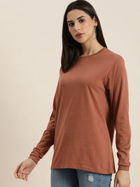 DILLINGER Women Brown Solid Cotton Oversized T-shirt