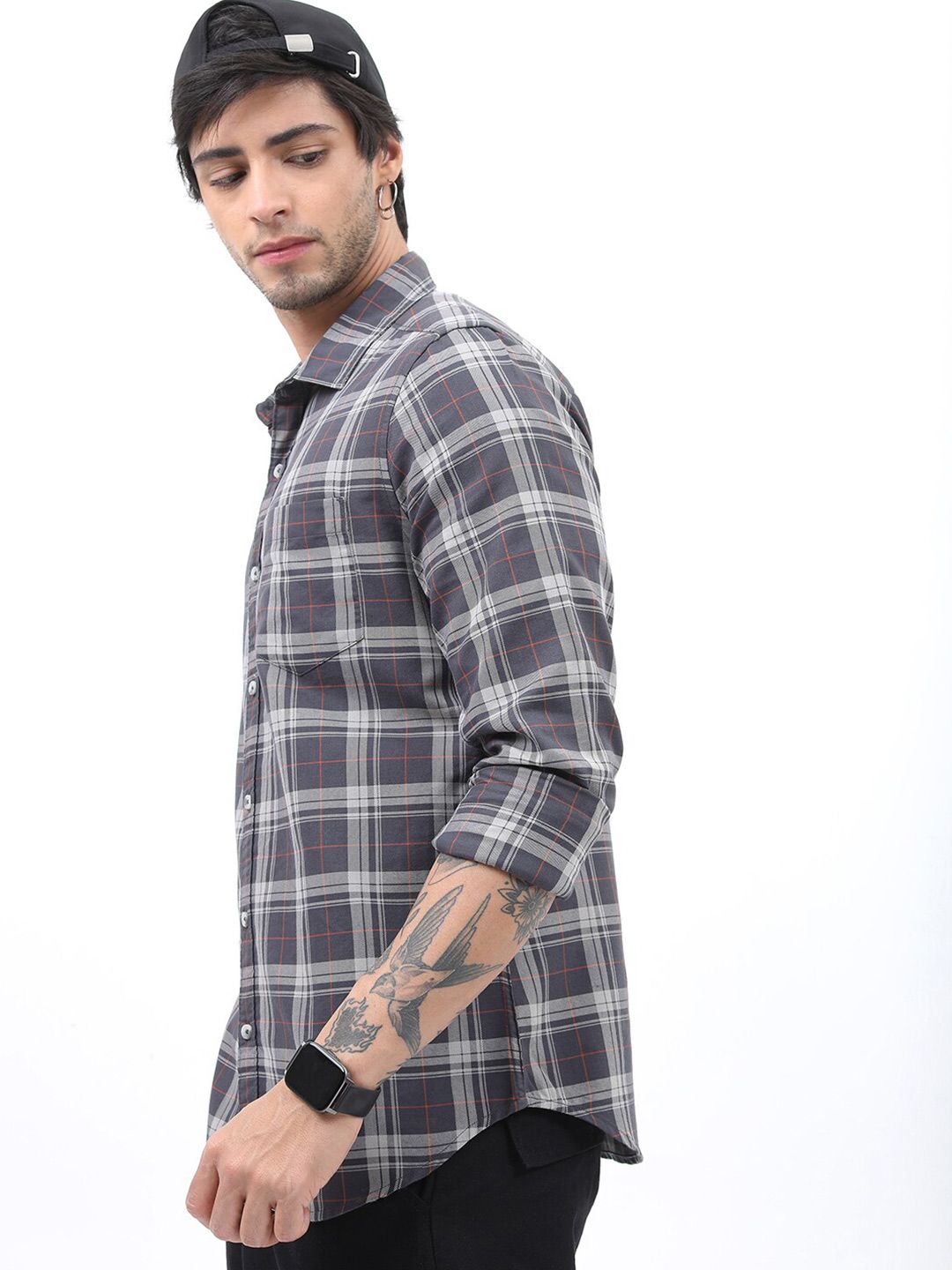 HIGHLANDER Men Grey Slim Fit Tartan Checks Checked Casual Shirt