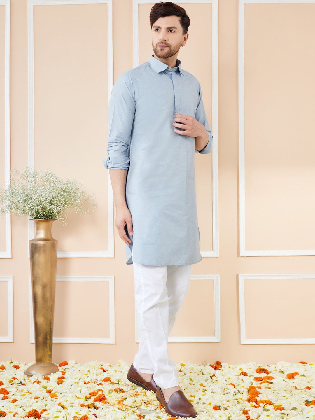 See Designs Shirt Collar Long Sleeves Cotton Pathani Kurta